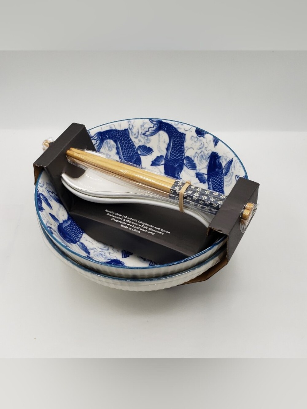 SH Home 8pc Blue Koi Fish Ceramic Ramen Noodle Bowl Set